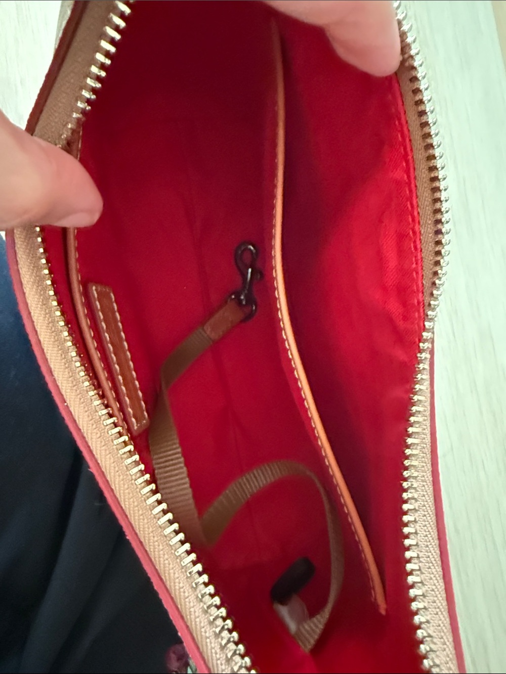 Dooney & Bourke Yellow and White Stripe Canvas Shoulder Bag with Red Trim - Picture 4 of 4